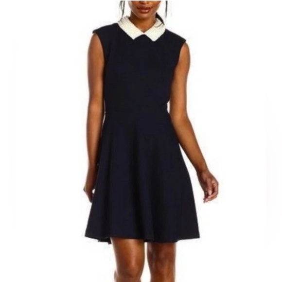 Betsey Johnson Pearl Collar Fit and Flare Dress in Navy Blue Sleeveless Designer - Picture 1 of 8